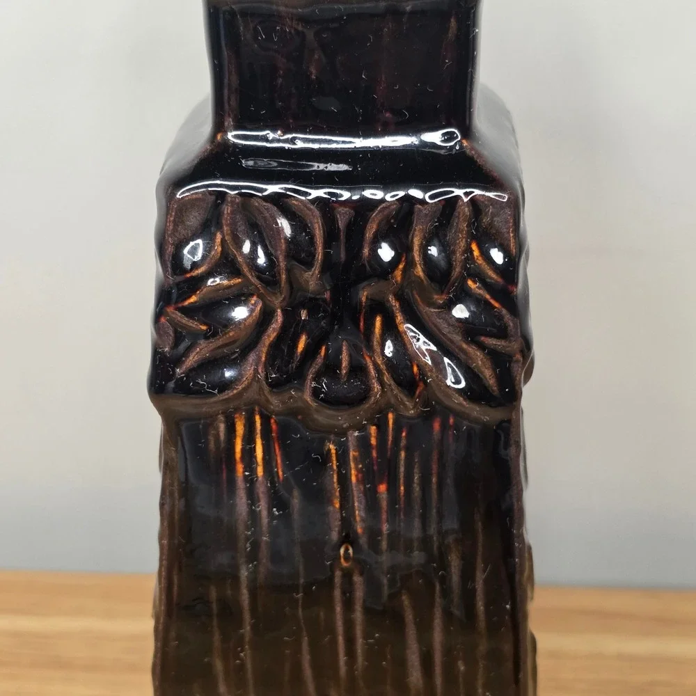 Ceramic Pillar Candle‎ Holder 11in Metallic Dark Brown Embossed Floral Tapered